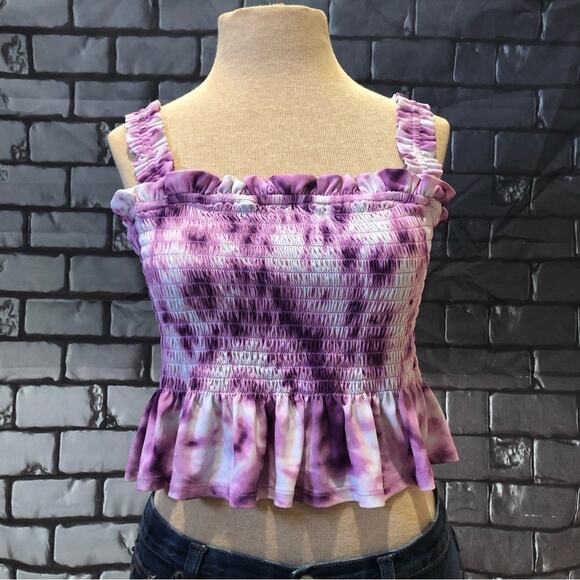 *BCBGeneration Purple Tie-Dye Smocked Cami Ruffle Trim Top Size Medium - Picture 1 of 6